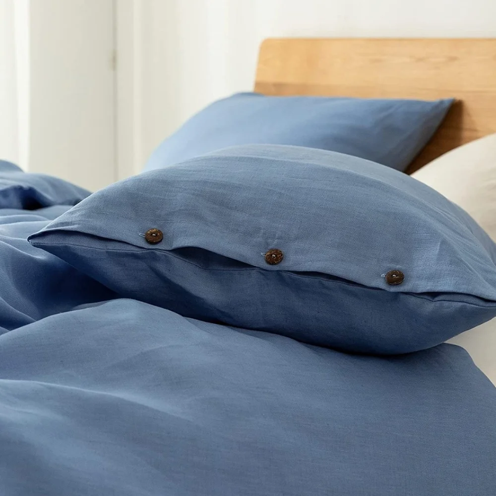 Blue Linen Duvet Cover Bundle 3 Pieces Queen Size Duvet Cover Sham Brown Buttons